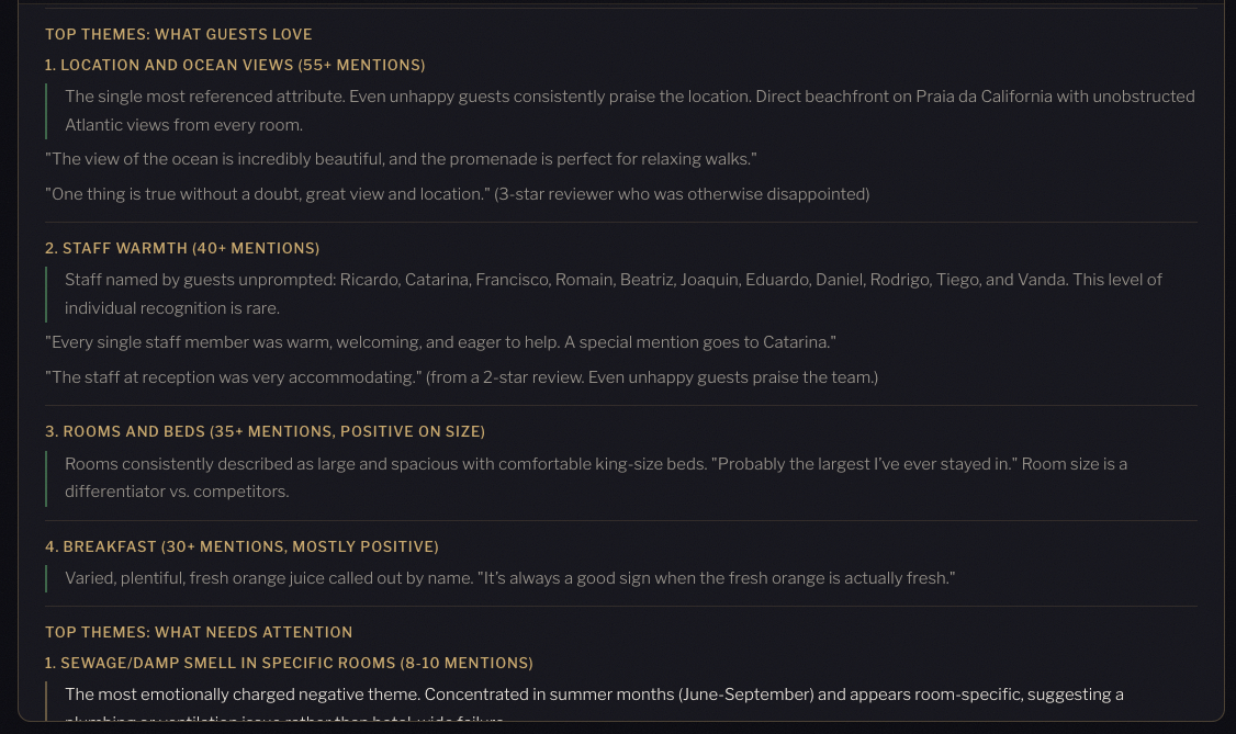 Review Analysis: top themes from thousands of guest reviews